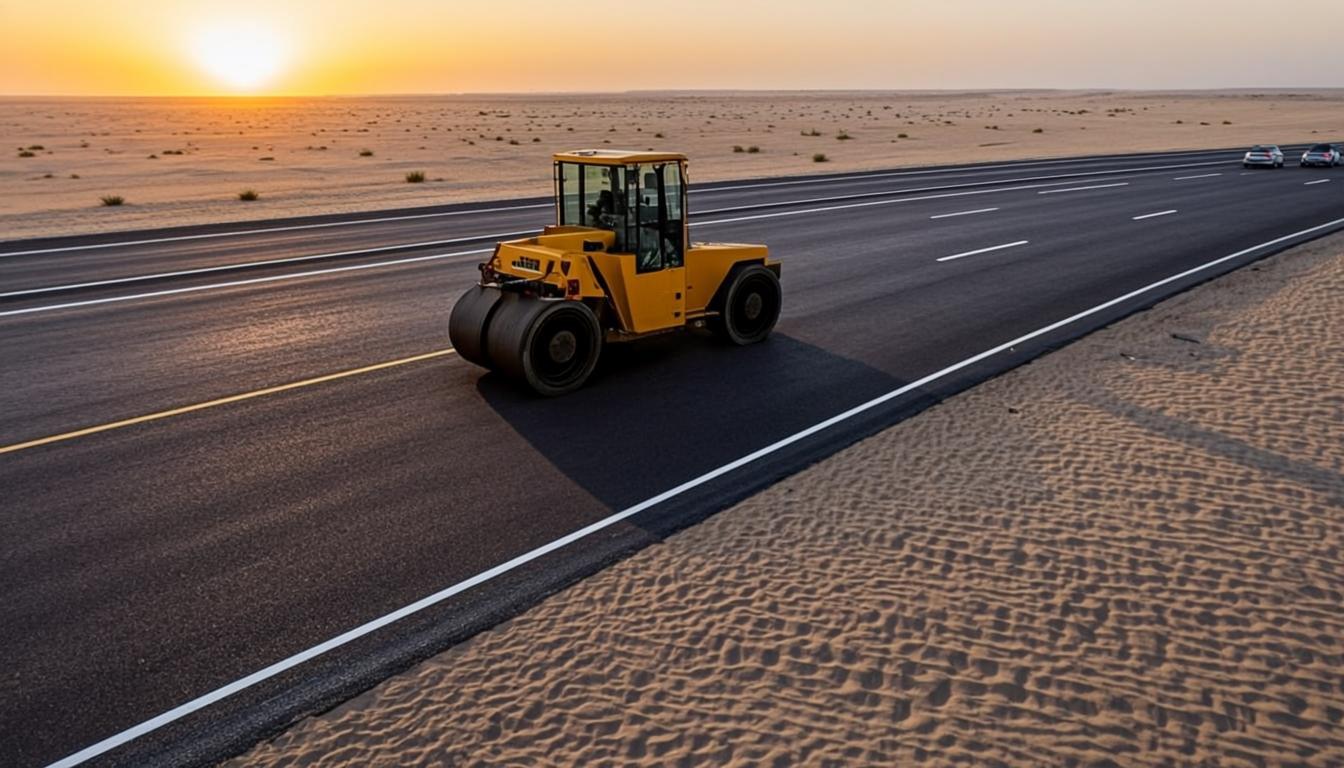 Gulf Seismic road marking professionals applying thermoplastic lines on a UAE highway at golden hour
